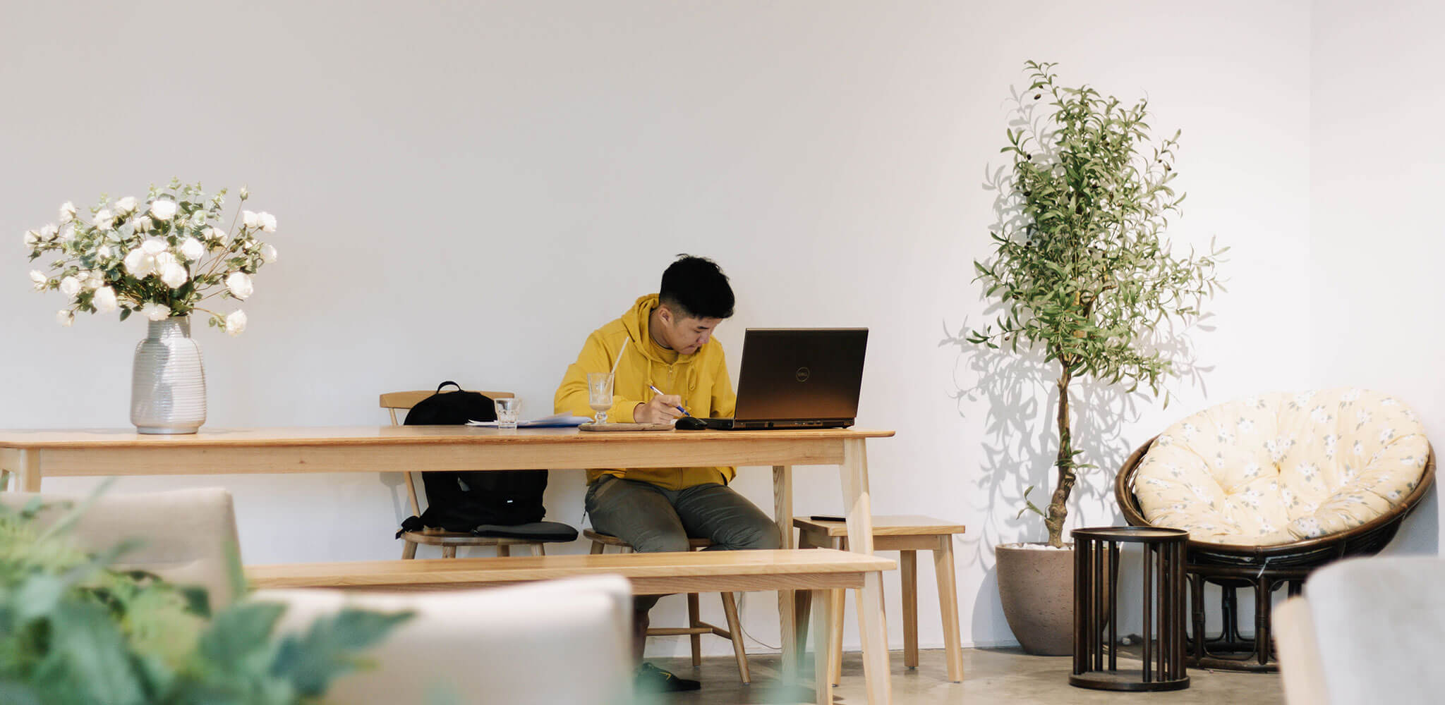 Working from laptop on a bench